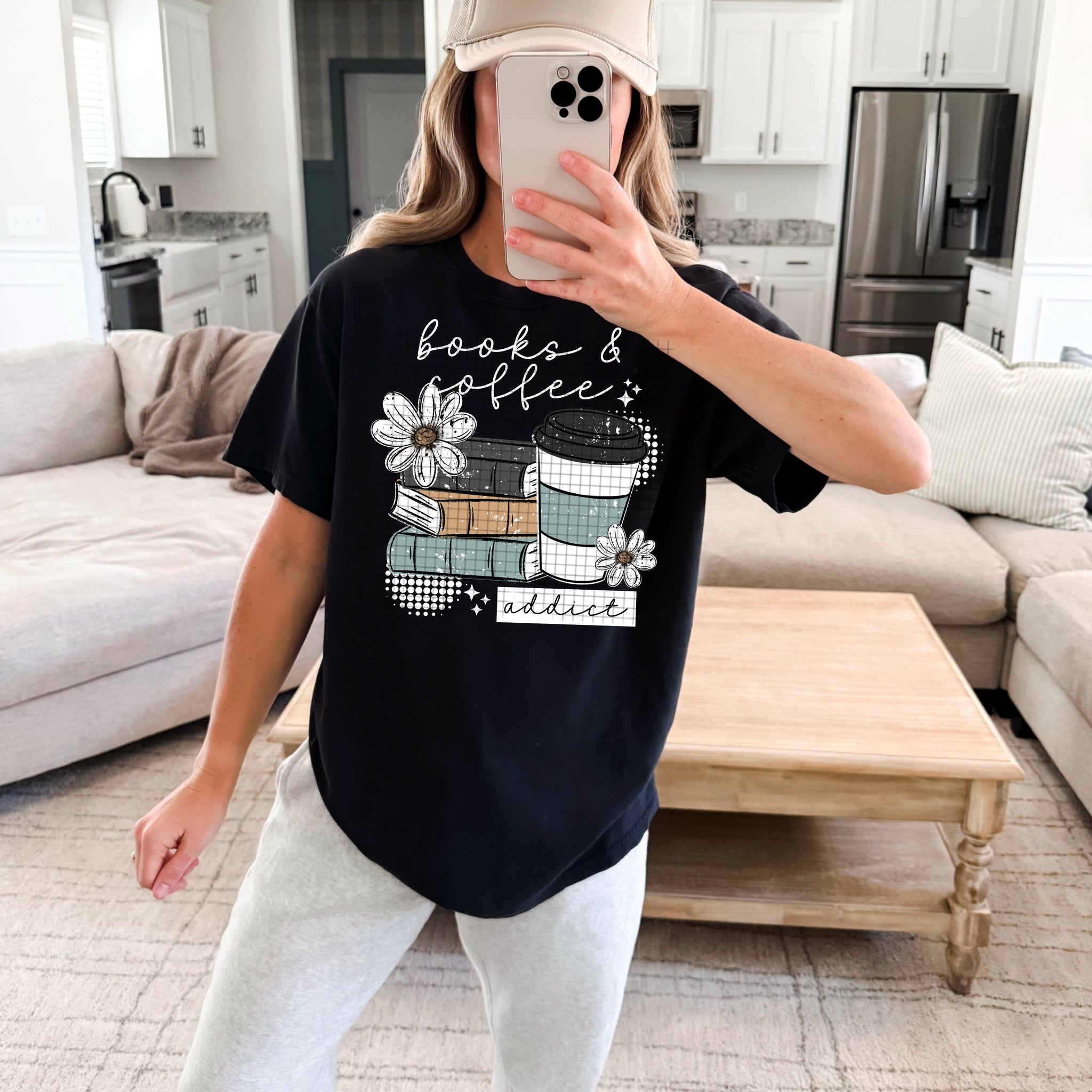 DTF Full Color TShirt Transfer - Books and Coffee Addict - (Black or White)