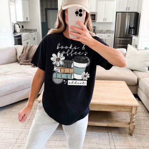 DTF Full Color TShirt Transfer - Books and Coffee Addict - (Black or White)