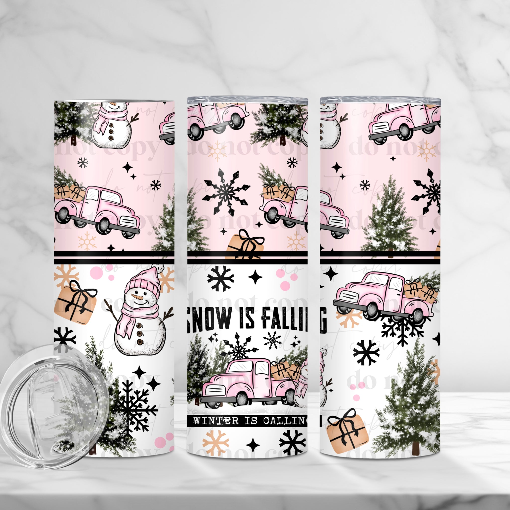 Skinny Tumbler Sublimation Wrap - Snow Is Falling Pink Truck