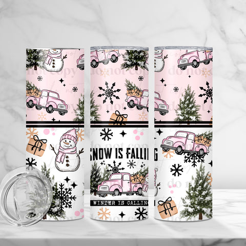 Skinny Tumbler Sublimation Wrap - Snow Is Falling Pink Truck