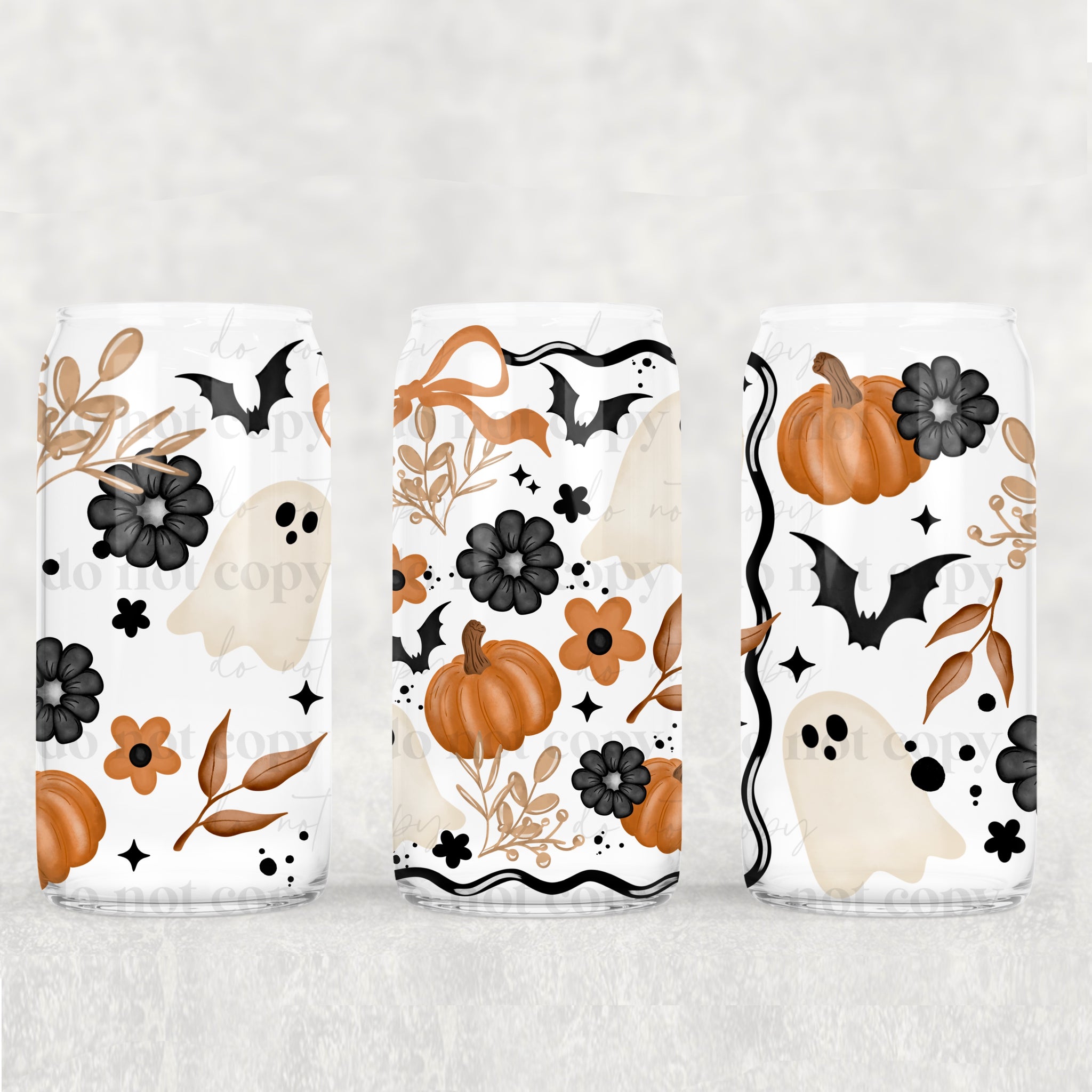 16oz UV DTF Wrap - Fall Ghosts & Bows Black Flowers