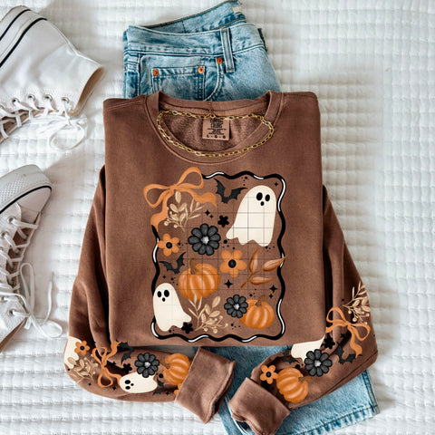 DTF Full Color Transfer - Fall Ghosts With Bows & Pumpkins (FREE SLEEVES!)