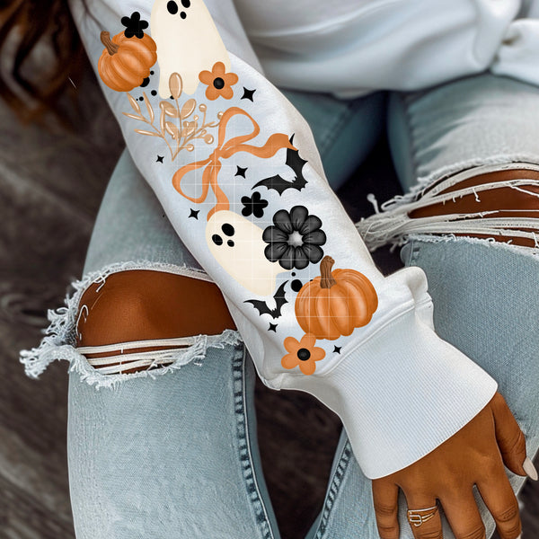 DTF Full Color Transfer - Fall Ghosts With Bows & Pumpkins (FREE SLEEVES!)