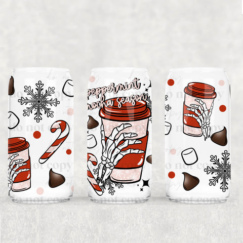16oz UV DTF Wrap - Peppermint Mocha Season Skeleton Hand Coffee