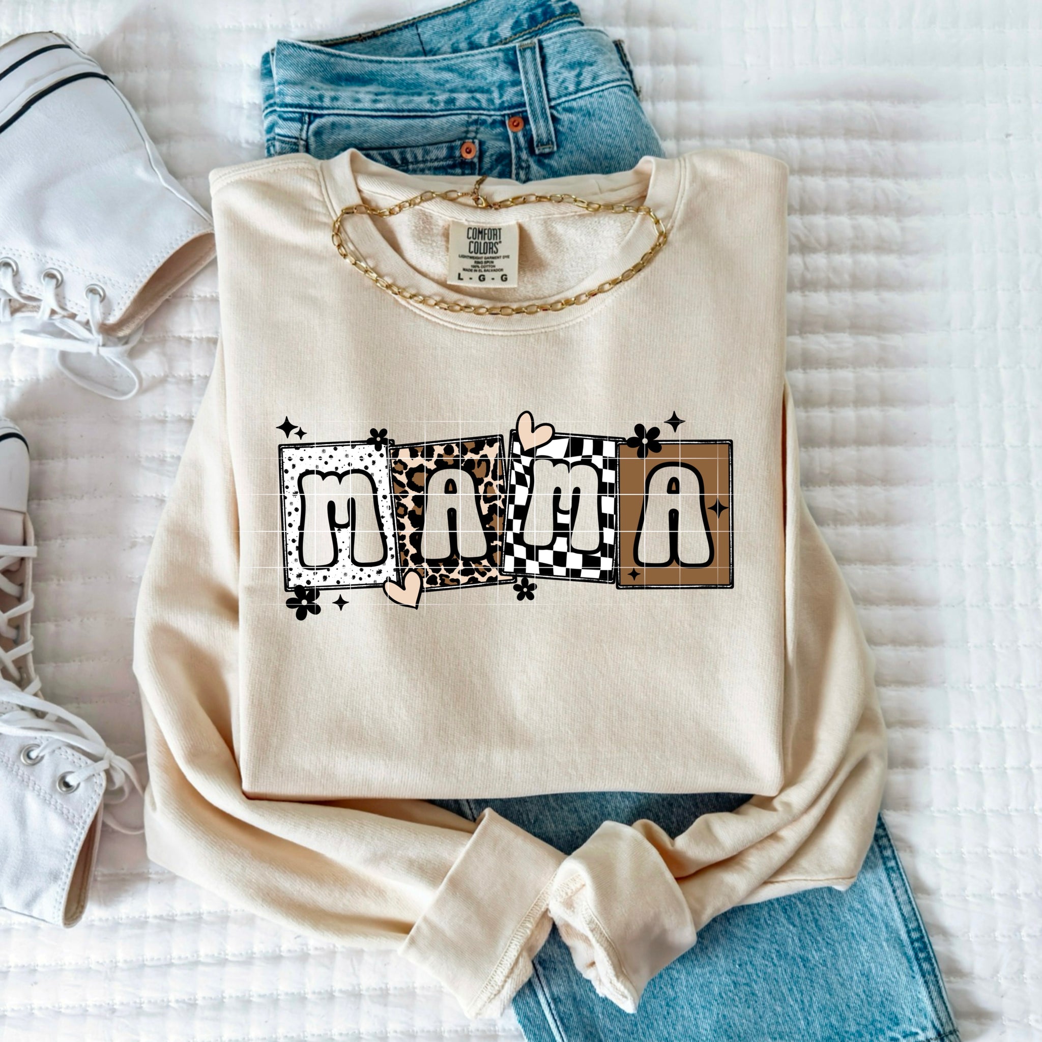 DTF Full Color TShirt Transfer - Mama/Mini Polka Dot Check Neutrals