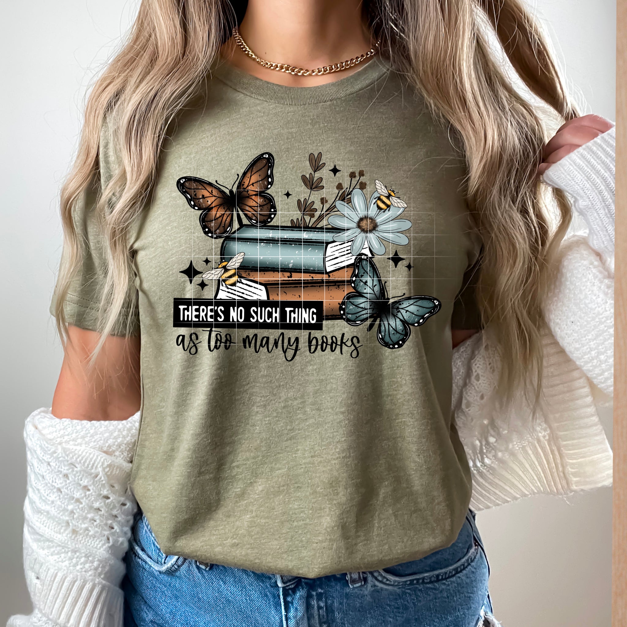 DTF Full Color Transfer - There's No Such Thing As Too Many Books - Neutrals & Blues