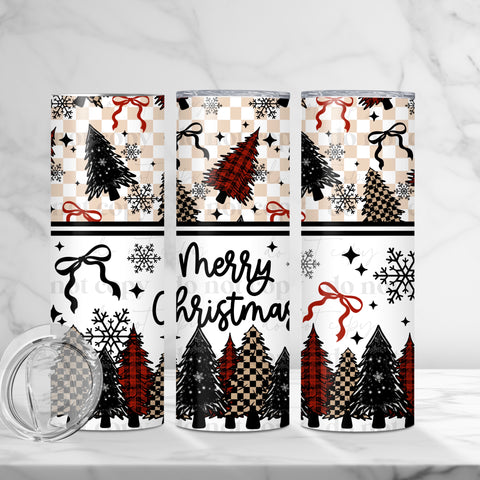 Skinny Tumbler Sublimation Wrap - Merry Christmas Black Red Plaid Trees
