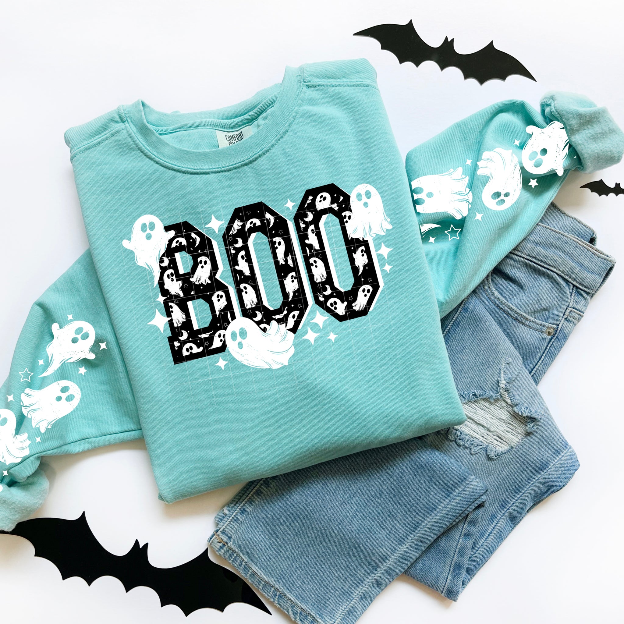 DTF Full Color TShirt Transfer - Black BOO Ghosts (FREE SLEEVES!)