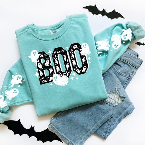 DTF Full Color TShirt Transfer - Black BOO Ghosts (FREE SLEEVES!)