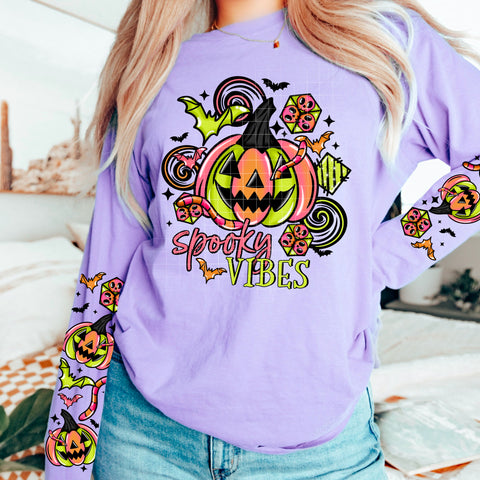 DTF Full Color TShirt Transfer - Spooky Vibes Neon Jack O Lantern (FREE SLEEVES!)