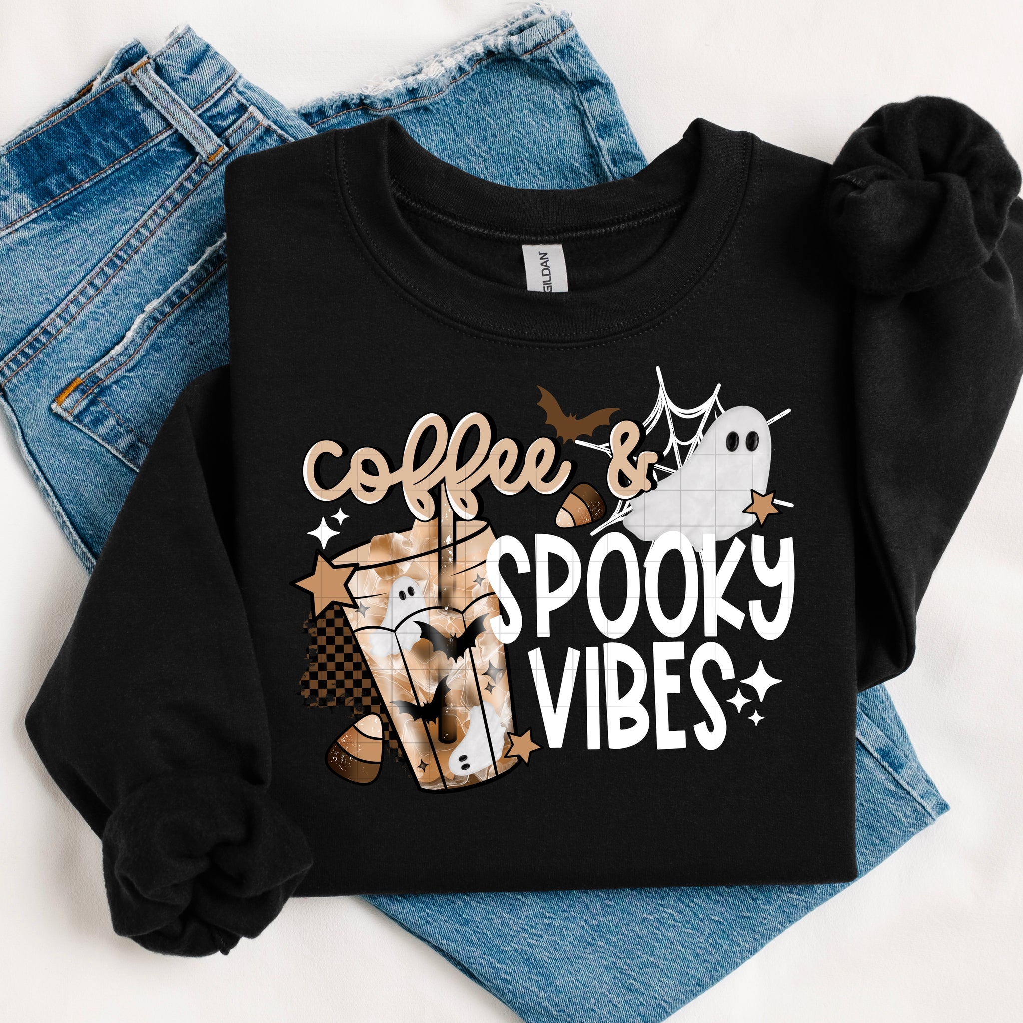 DTF Full Color Transfer - Coffee Spooky Vibes (White or Black Font)