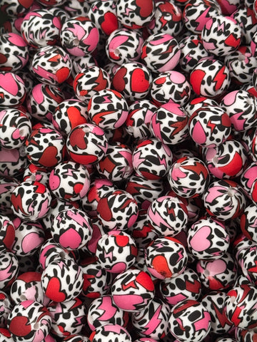 15mm Printed Silicone Bead - Dalmatian Lightning Heart