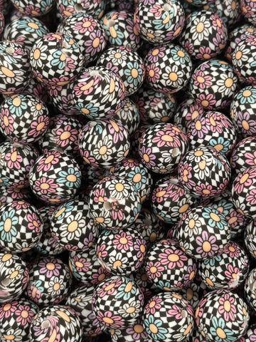 15mm Printed Silicone Bead - Checkered Daisies