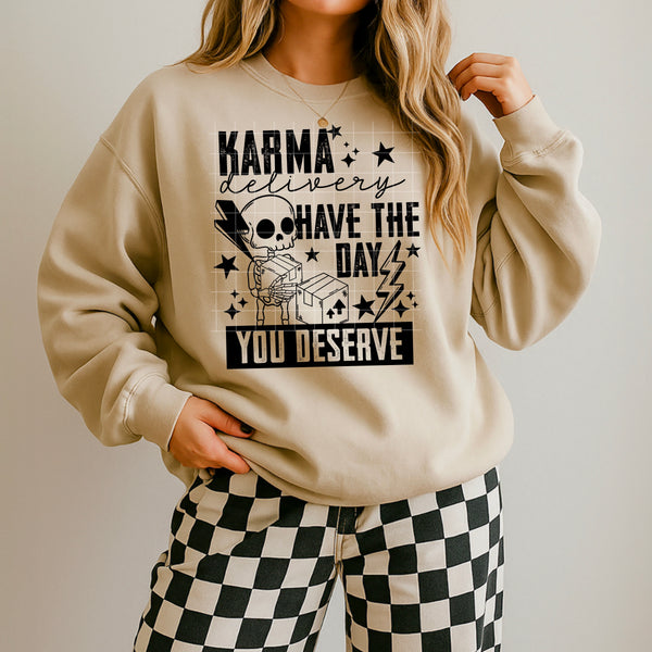 DTF Full Color TShirt Transfer - Karma Delivery (White or Black Font)