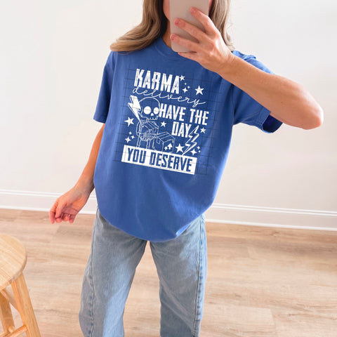 DTF Full Color TShirt Transfer - Karma Delivery (White or Black Font)