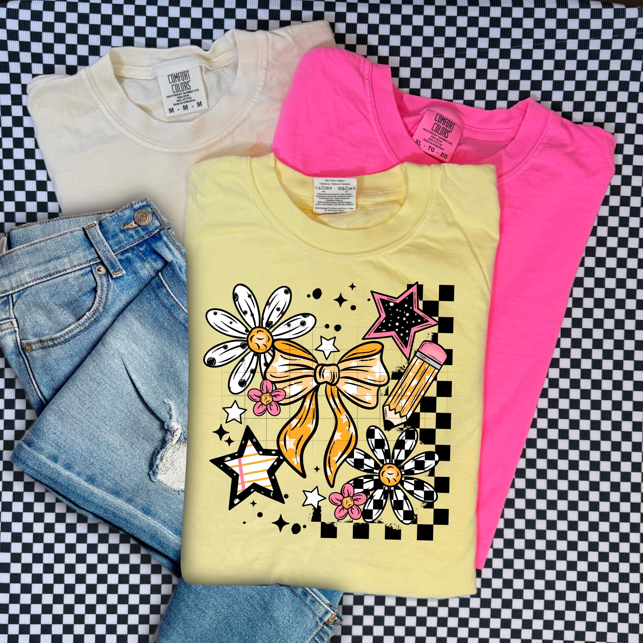 DTF Full Color TShirt Transfer - Check Flower Pencil Bow Paper Star