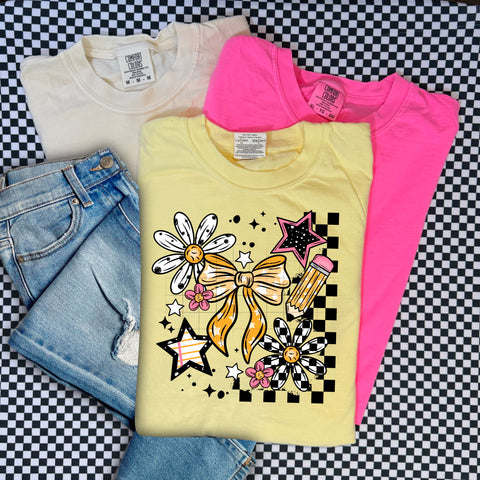 DTF Full Color TShirt Transfer - Check Flower Pencil Bow Paper Star
