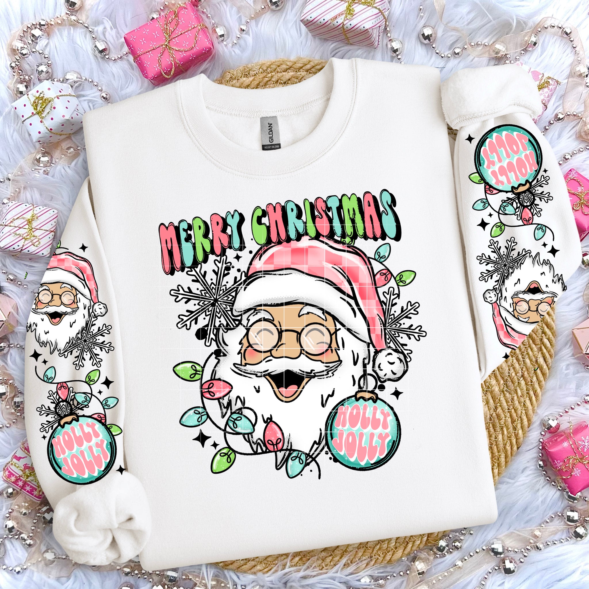 DTF Full Color TShirt Transfer - Merry Christmas Holly Jolly Santa - (Choose Skin Tone) FREE SLEEVES!
