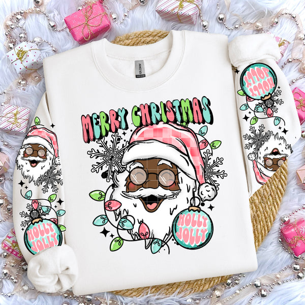 DTF Full Color TShirt Transfer - Merry Christmas Holly Jolly Santa - (Choose Skin Tone) FREE SLEEVES!