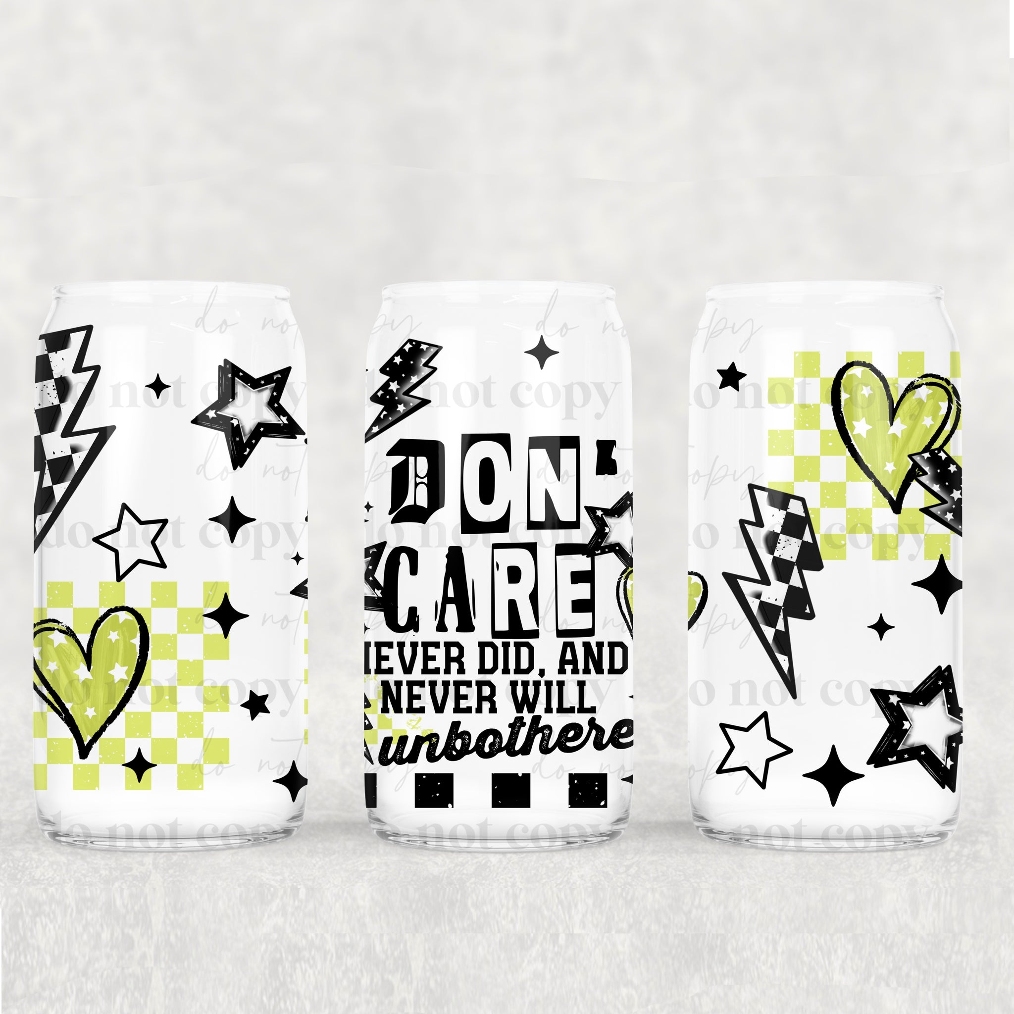 16oz UV DTF Wrap - Don't Care Never Did Unbothered - Green Hearts