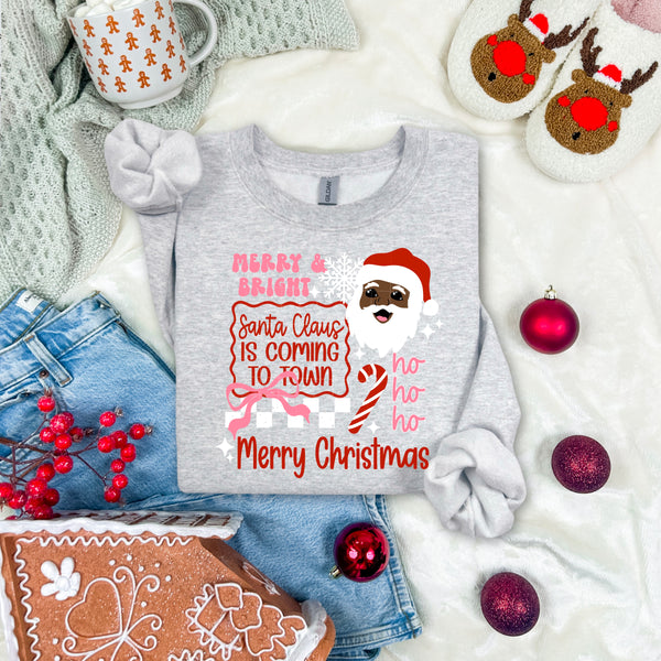 DTF Full Color Transfer - Merry & Bright Santa Claus Is Coming To Town (Two Skin Tones)