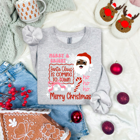 DTF Full Color Transfer - Merry & Bright Santa Claus Is Coming To Town (Two Skin Tones)