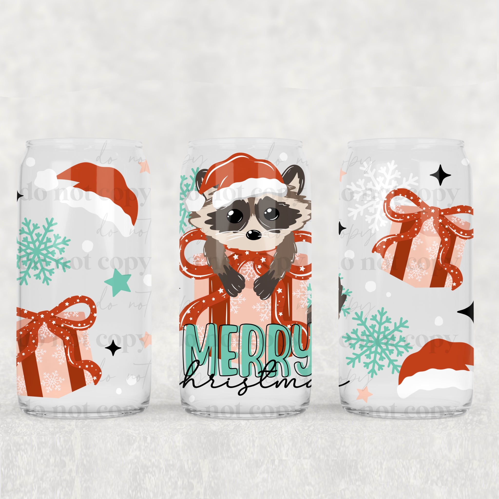 16oz UV DTF Wrap - Merry Christmas Raccoon
