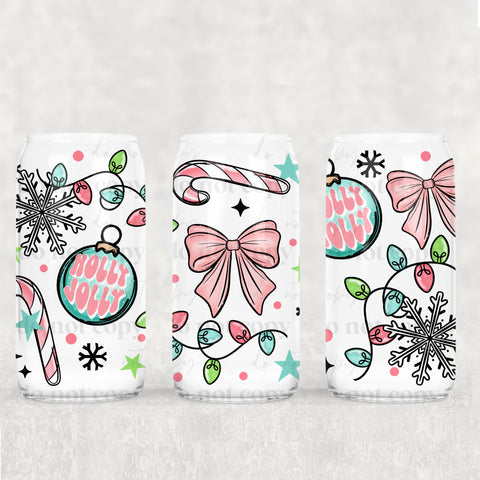 16oz UV DTF Wrap - Holly Jolly Pink Candy Cane Ornaments