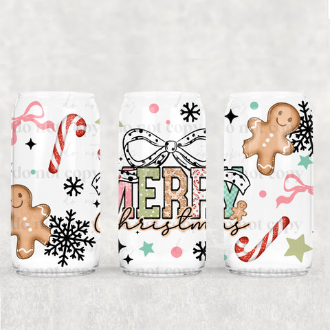 16oz UV DTF Wrap - Merry Christmas Gingerbread Candy Cane Dot Bow