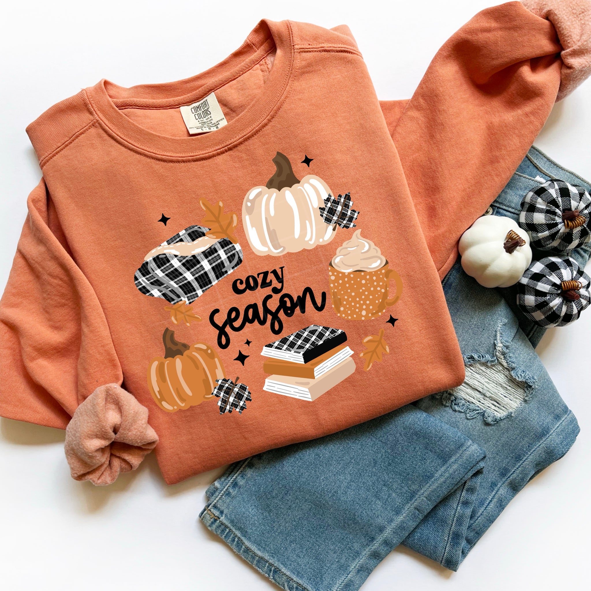 DTF Full Color TShirt Transfer - Cozy Season Books Pumpkins