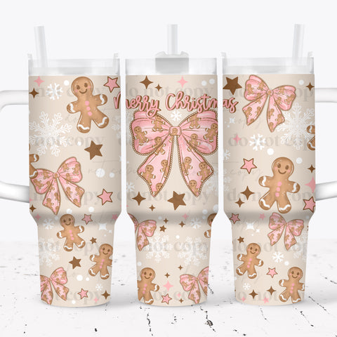 40oz UV DTF Wrap - Full Top & Bottom - Merry Christmas Gingerbread Bow