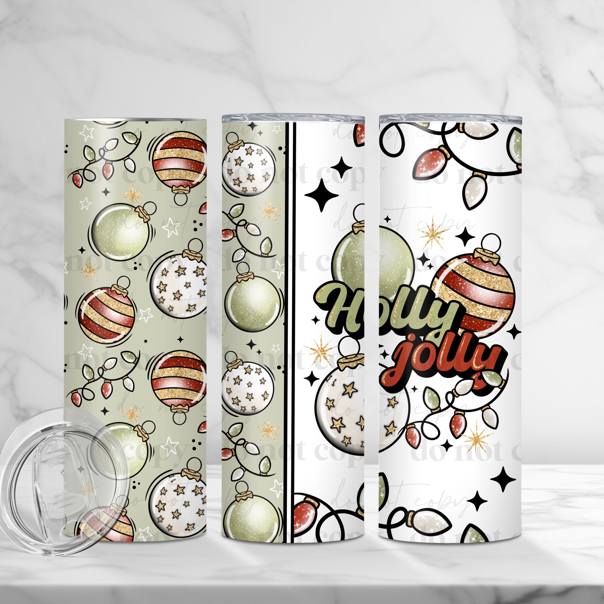 Skinny Tumbler Sublimation Wrap - Holly Jolly Ornaments