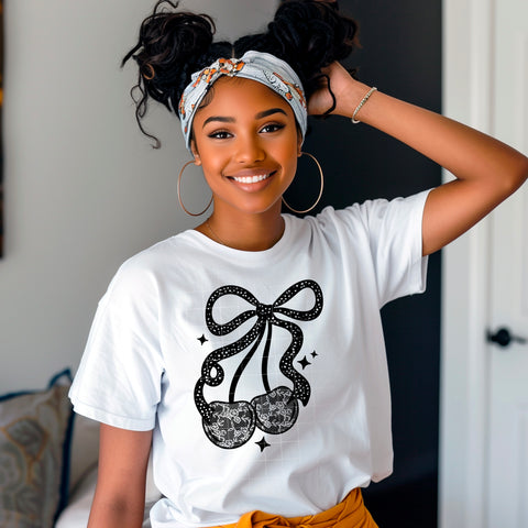 DTF Full Color Transfer - Lace Cherries (White or Black Font)