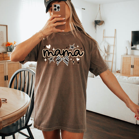 DTF Full Color TShirt Transfer - Mama/Mini Neutrals Check Bow