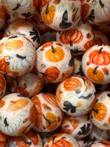 15mm Printed Silicone Bead - Fall Pumpkins