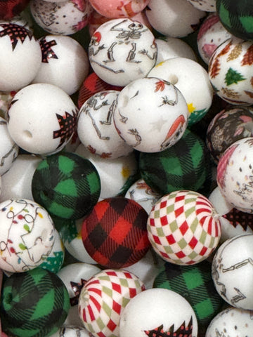 15mm Printed Silicone Bead - Christmas Mix