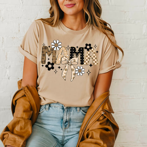 DTF Full Color TShirt Transfer - Mama/Mini Neutrals Bow & Daisies