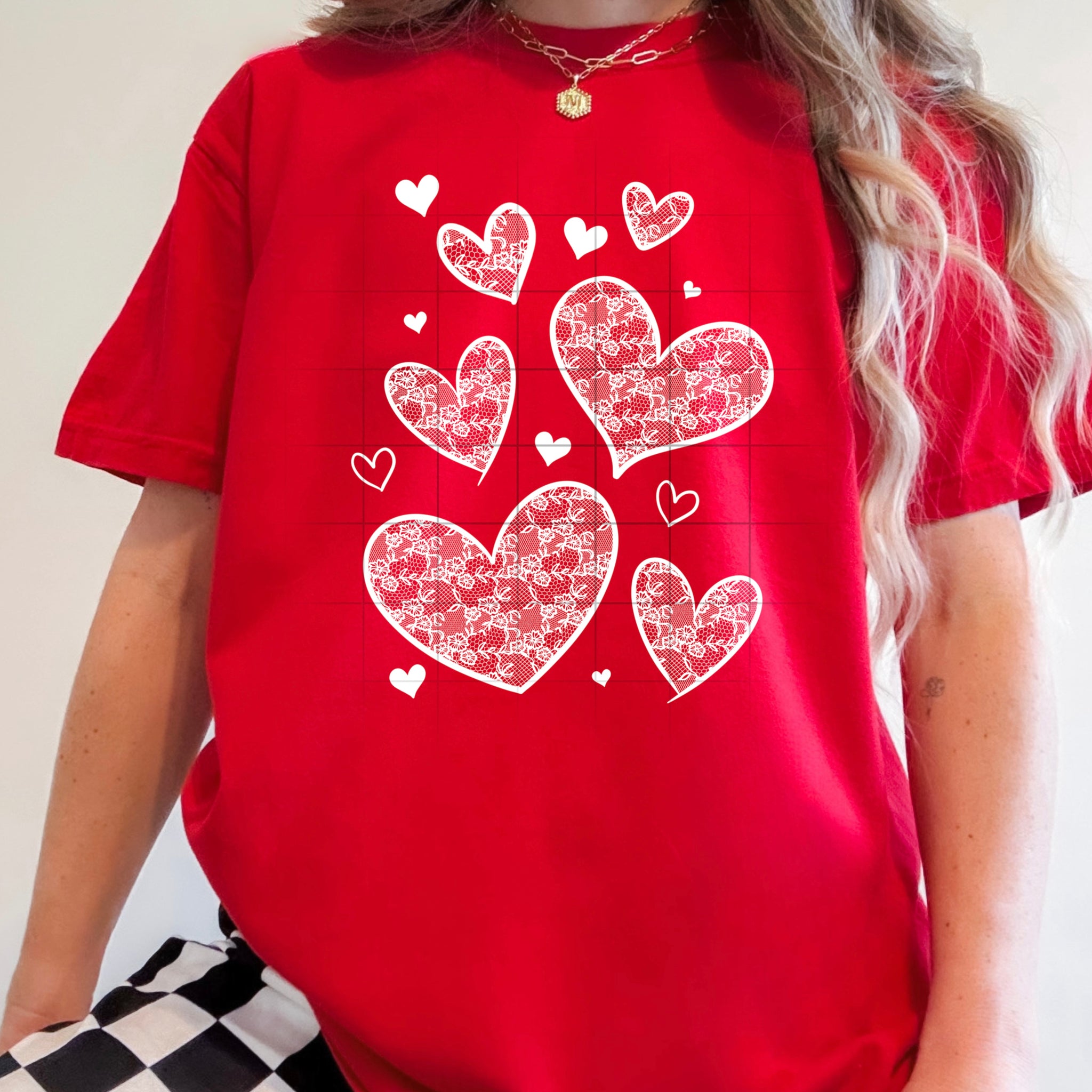 DTF Full Color TShirt Transfer - Lace Hearts - (Red, Pink, or White)