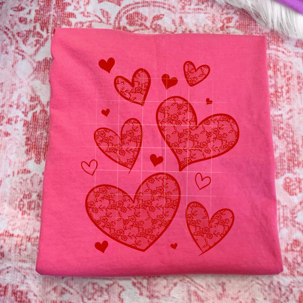 DTF Full Color TShirt Transfer - Lace Hearts - (Red, Pink, or White)