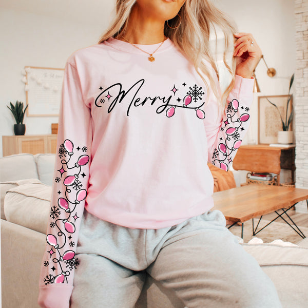 DTF Full Color Transfer - Merry Pink Lights - Free Sleeves (White or Black Font)