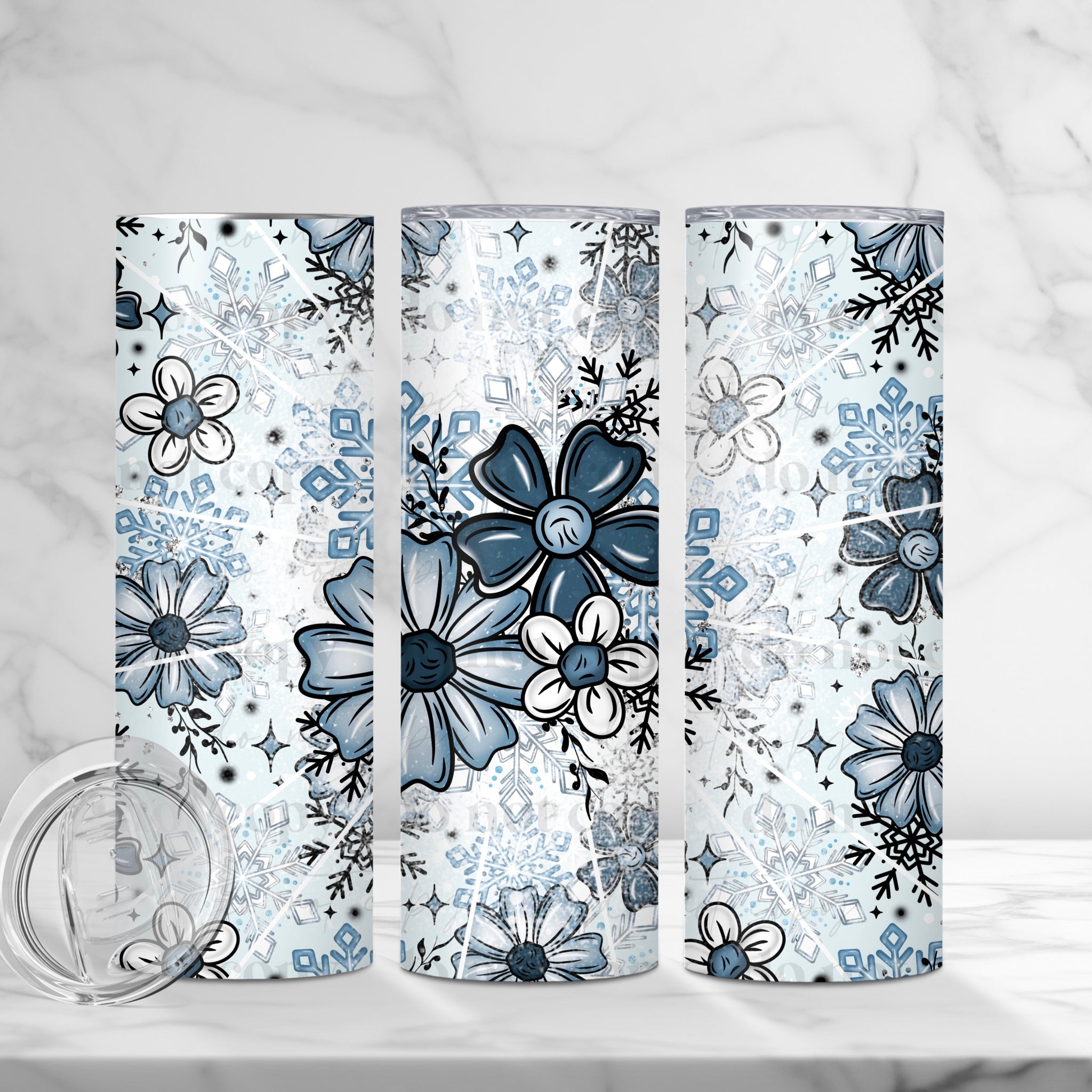 Skinny Tumbler Sublimation Wrap - Blue Winter Flowers
