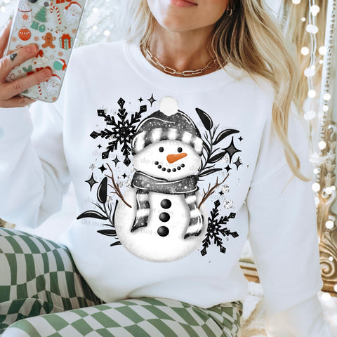 DTF Full Color TShirt Transfer - Cute Snowman Black Snowflakes