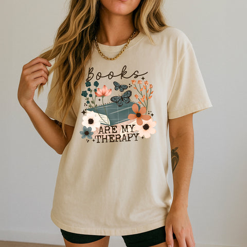 DTF Full Color TShirt Transfer - Books Are My Therapy Neutral Flowers