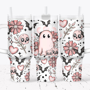 40oz UV DTF Wrap - Full Top & Bottom - Pink Ghost Skulls Flowers