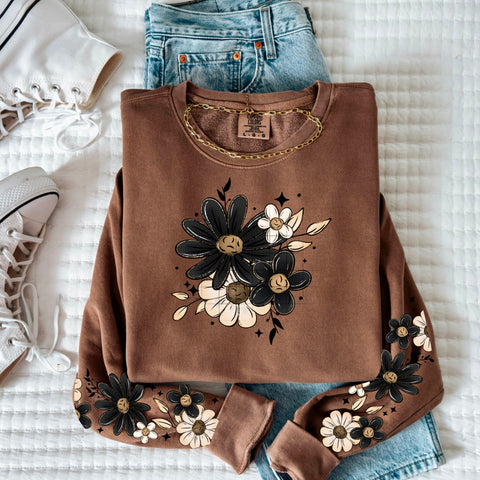 DTF Full Color TShirt Transfer - Black Neutral Flowers (FREE SLEEVES!)