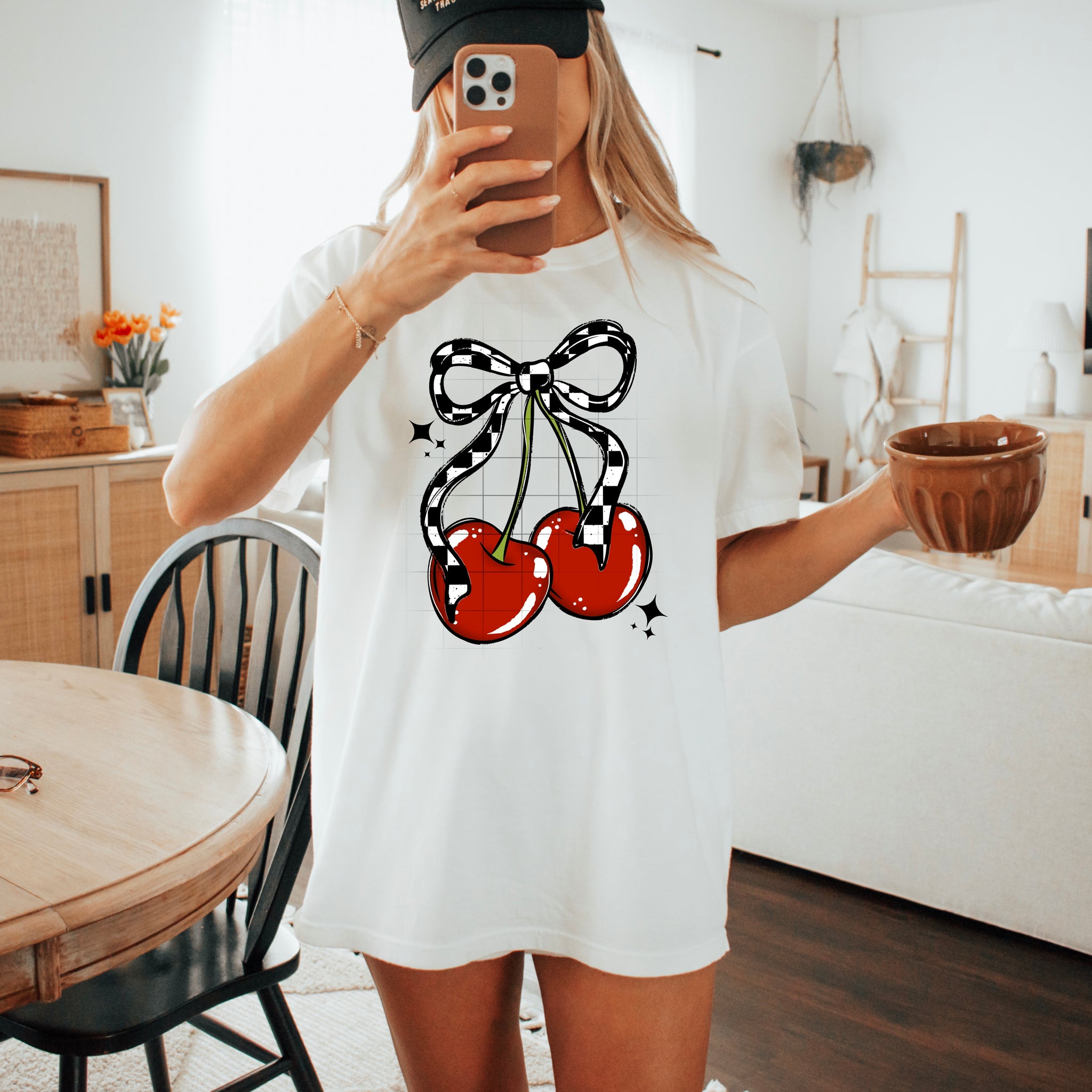 DTF Full Color TShirt Transfer - Checkered Bow Cherries