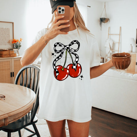 DTF Full Color TShirt Transfer - Checkered Bow Cherries