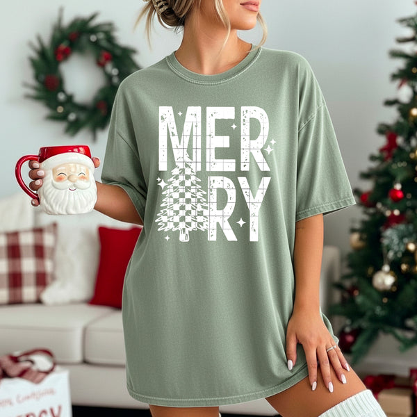 DTF Full Color TShirt Transfer - MERRY Check Tree (Black or White Font!)