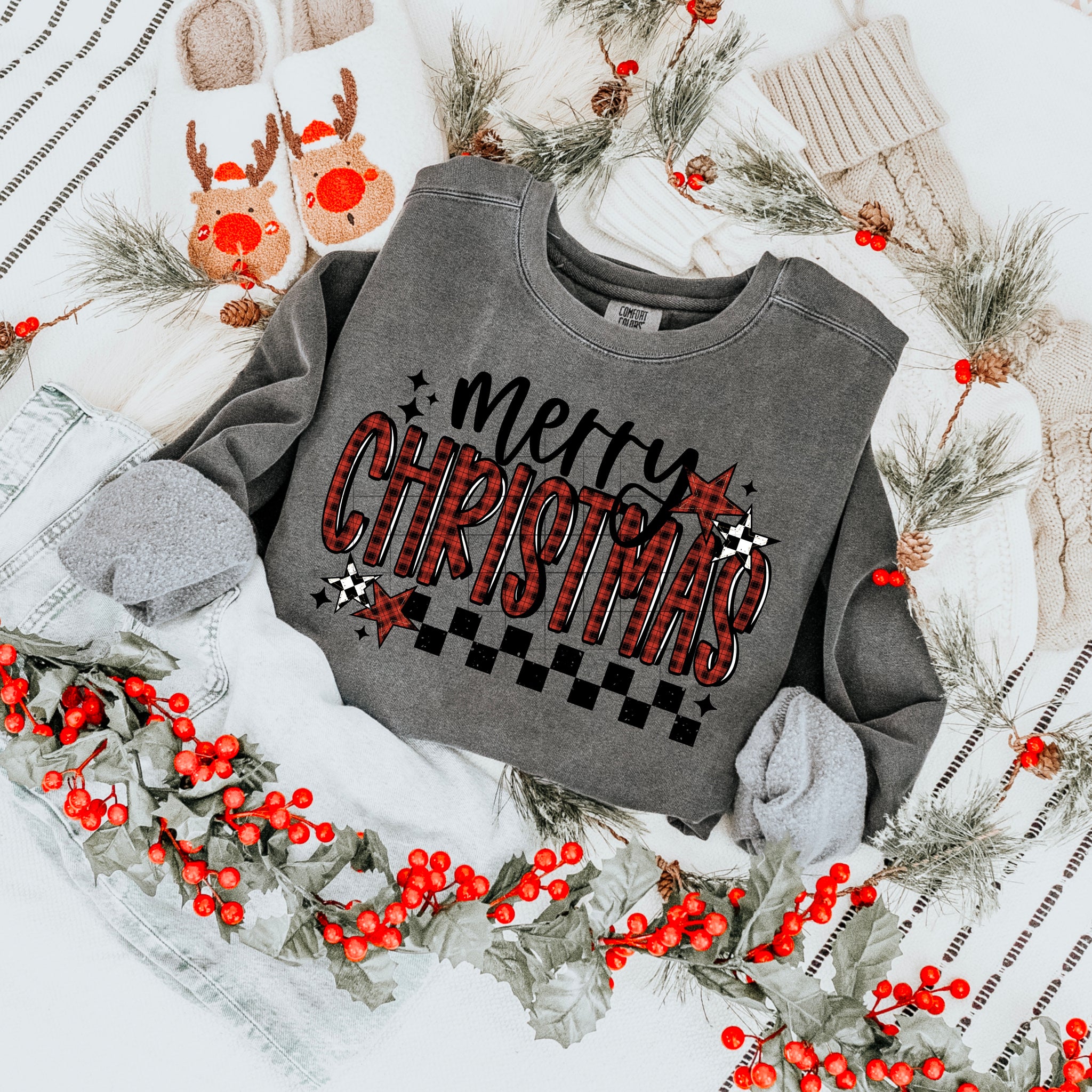 DTF Full Color TShirt Transfer - Merry Christmas Red Black Plaid