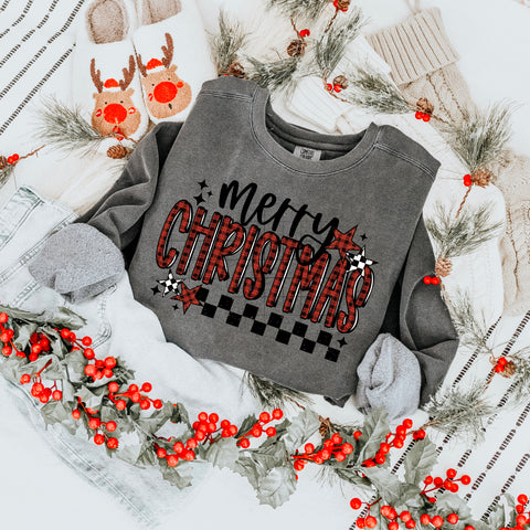 DTF Full Color TShirt Transfer - Merry Christmas Red Black Plaid